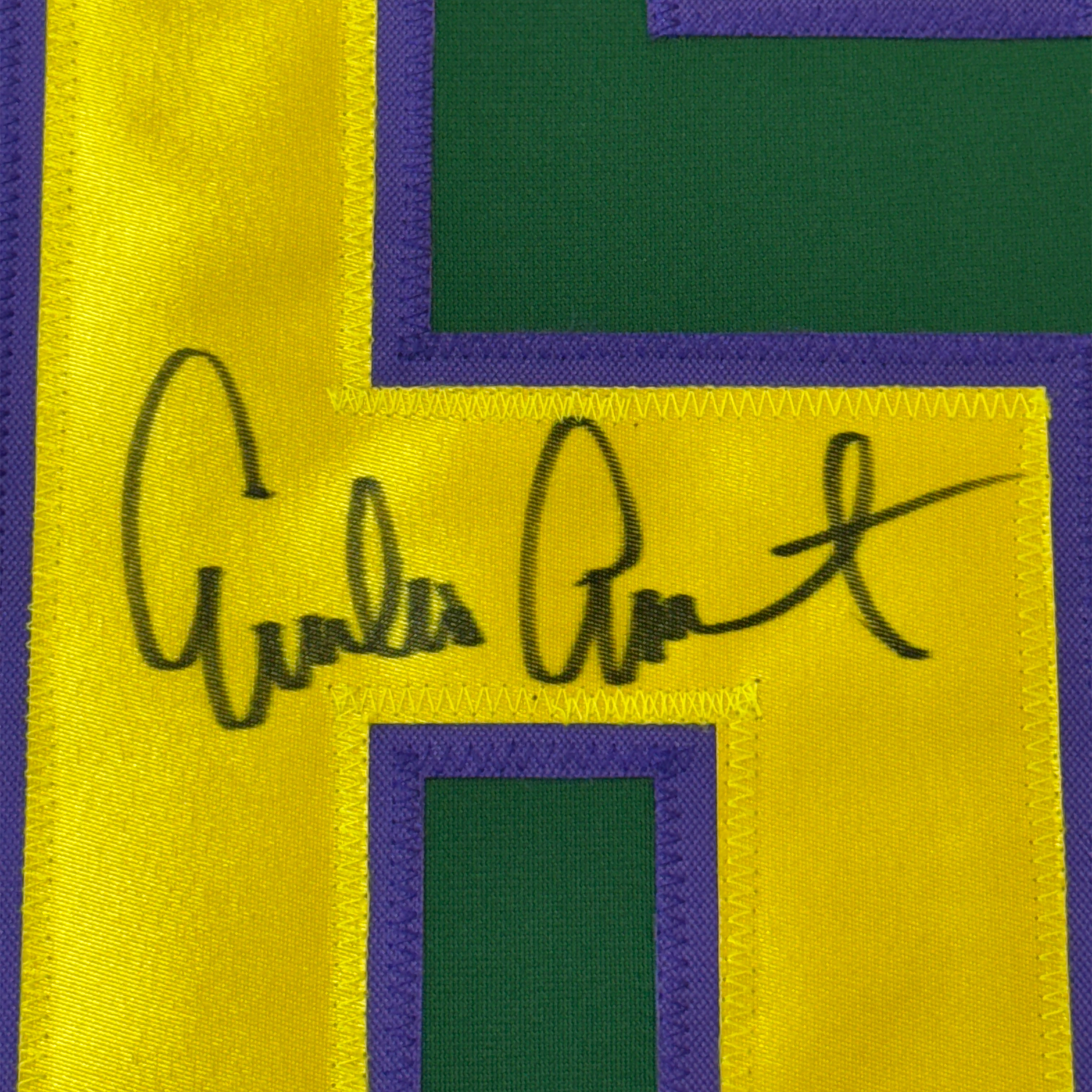 Close-up of handwritten autograph on yellow fabric with purple and green border sections.