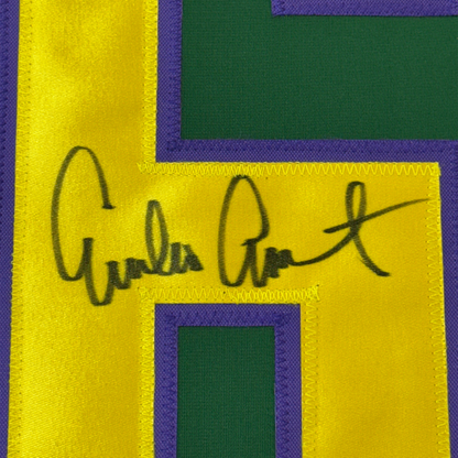Close-up of handwritten autograph on yellow fabric with purple and green border sections.