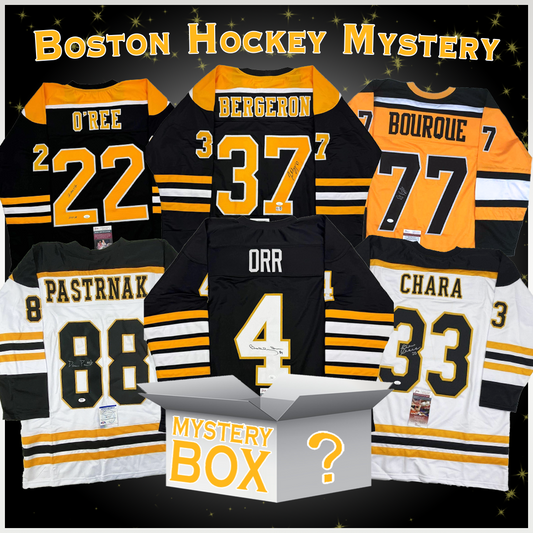 Six Boston Bruins jerseys displayed on black background featuring O'Ree, Bergeron, Bourque, Pastrnak, Orr, and Chara with mystery box center.