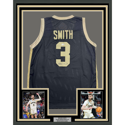 Back view of navy blue Purdue basketball jersey #3 with "SMITH" printed in cream lettering, displayed in black frame with gold matting and two action photos below.