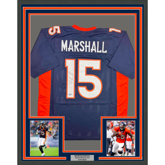 Framed Autographed/Signed Brandon Marshall 35x39 Denver Blue Football Jersey Beckett BAS COA