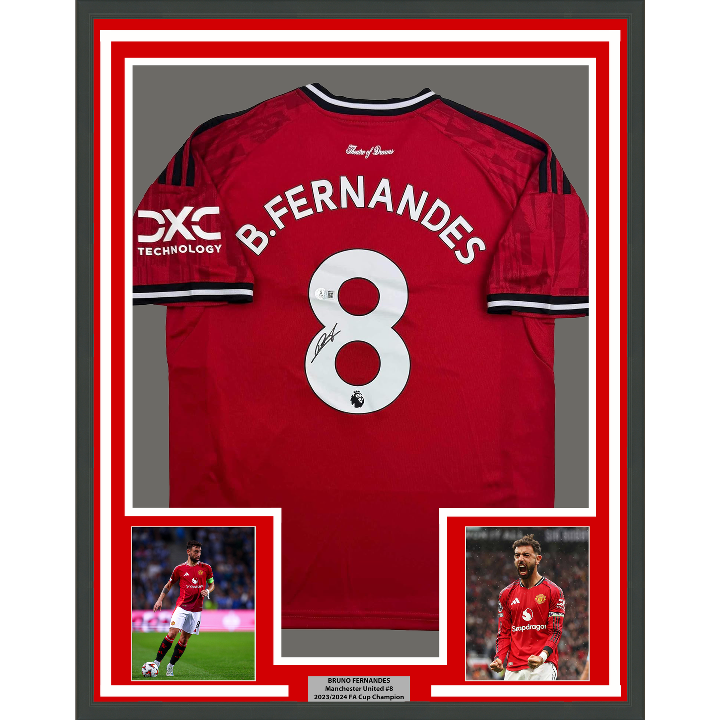 Framed Autographed/Signed Bruno Fernandes 35x39 Manchester United Red Soccer Jersey Beckett BAS COA