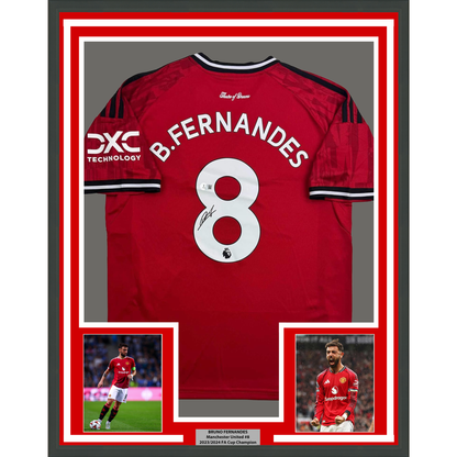 Framed Autographed/Signed Bruno Fernandes 35x39 Manchester United Red Soccer Jersey Beckett BAS COA