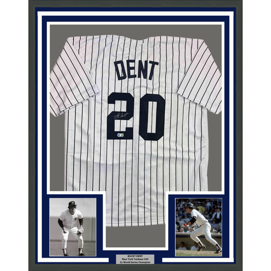 Framed Autographed/Signed Bucky Dent 35x39 New York Pinstripe Baseball Jersey Beckett BAS COA