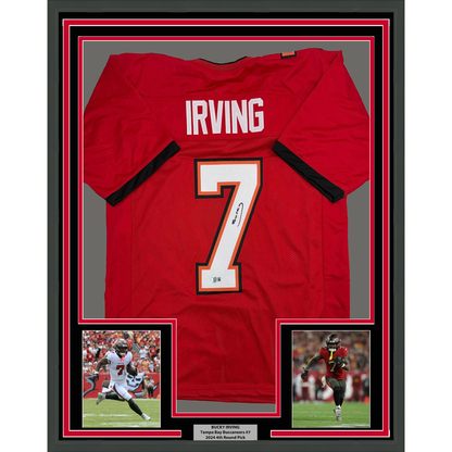Framed Autographed/Signed Bucky Irving 35x39 Tampa Bay Red Football Jersey Beckett BAS COA