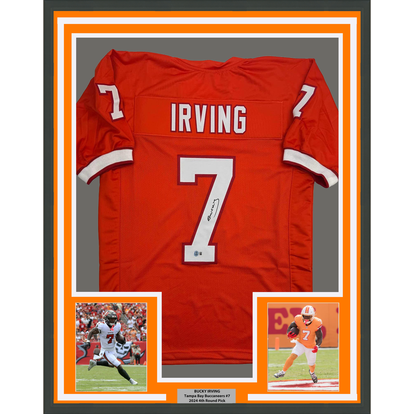Framed Autographed/Signed Bucky Irving 35x39 Tampa Bay Orange Creamsicle Retro Throwback Football Jersey Beckett BAS COA