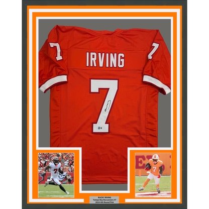 Framed Autographed/Signed Bucky Irving 35x39 Tampa Bay Orange Creamsicle Retro Throwback Football Jersey Beckett BAS COA