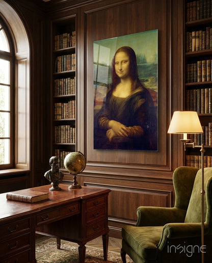 Mona Lisa Glass Wall Art displayed on a wood-paneled library wall above a wooden desk with a globe and bust sculpture.