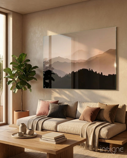 Sepia Layered Ridges and Pine Forest Glass Wall Art