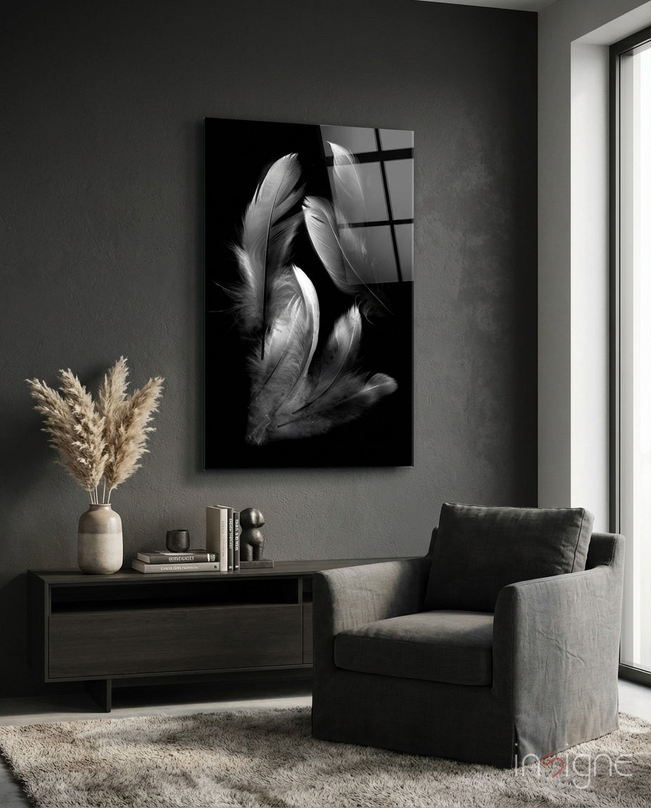 Silver Feather Cluster Black Glass Wall Art