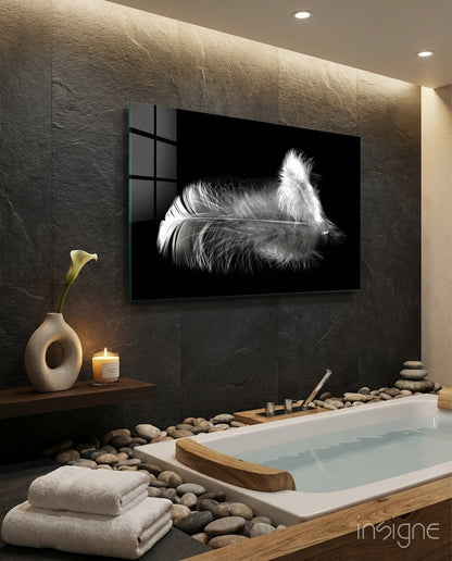 Soft White Feather Black Glass Wall Art