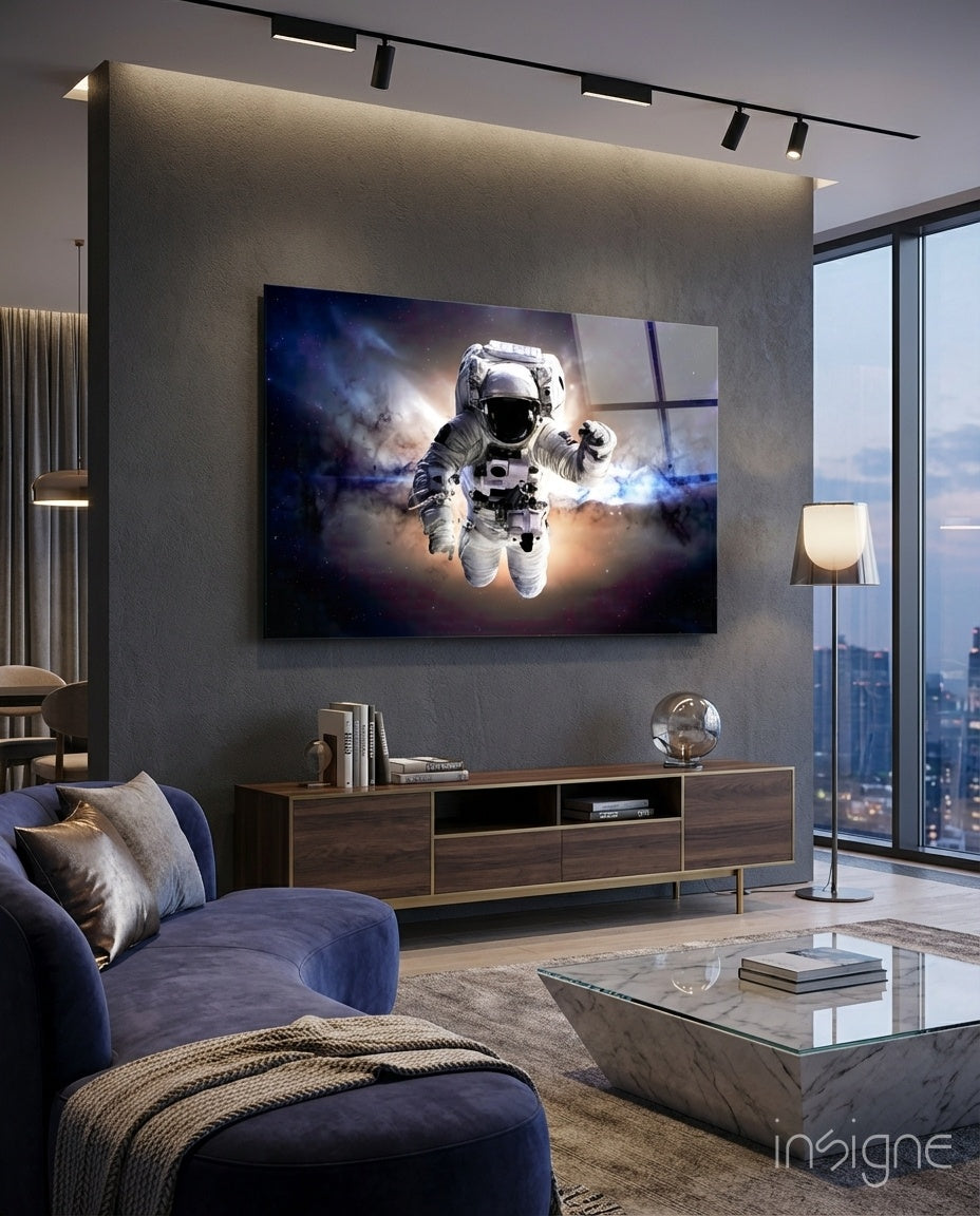 Warm Nebula Floating Astronaut Glass Wall Art