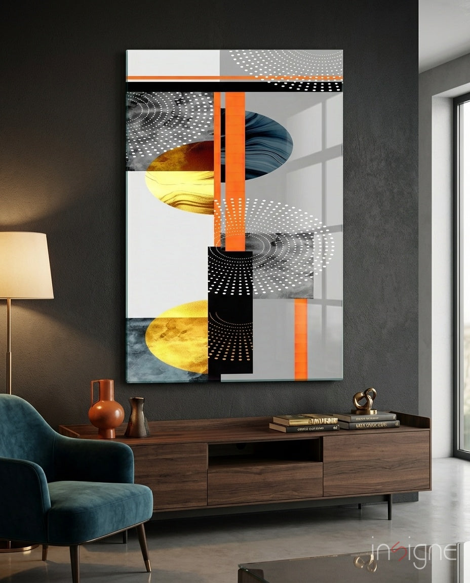 Orange Gold Geometric Circles Glass Wall Art