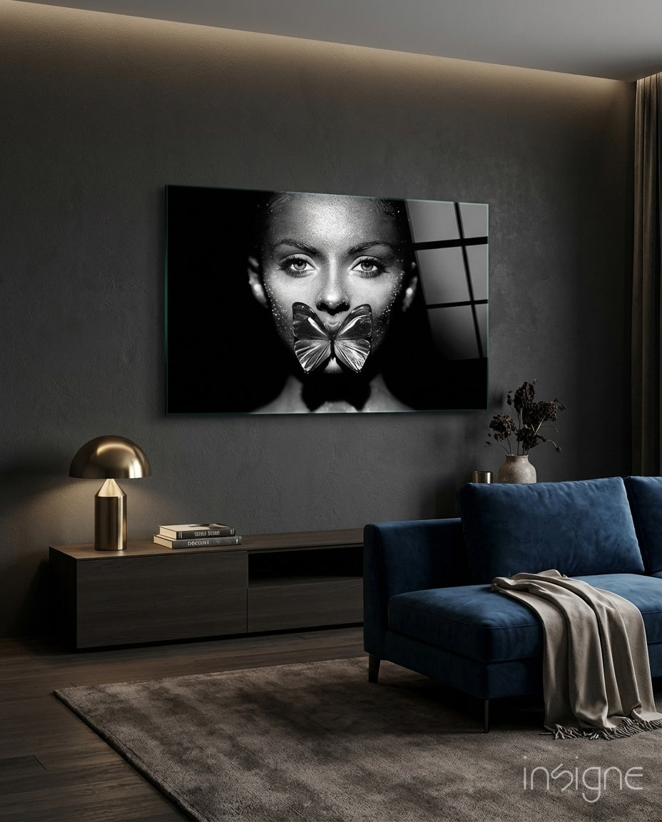 Silver Butterfly Over Lips Portrait Glass Wall Art