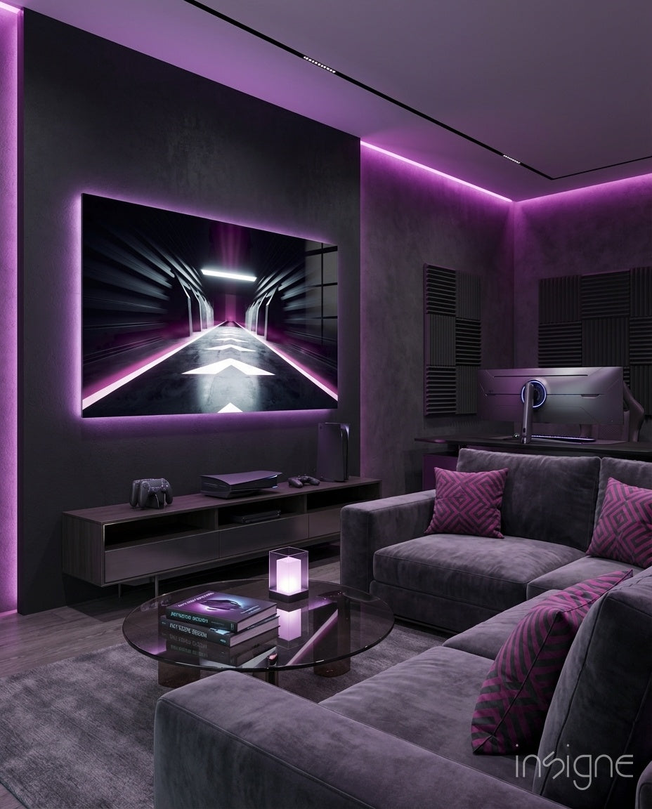 Modern gaming room with neon glass wall art displaying glowing purple tunnel above dark entertainment console.