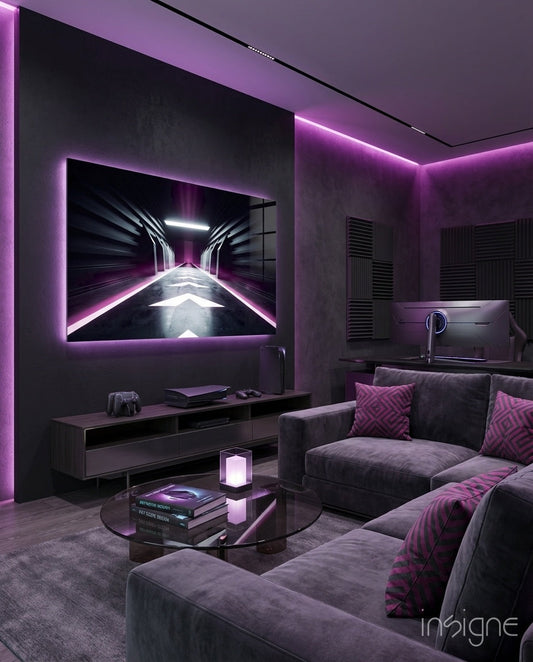 Modern gaming room with neon glass wall art displaying glowing purple tunnel above dark entertainment console.