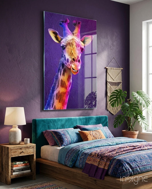Vibrant purple and pink painted giraffe glass wall art displayed above teal bedroom headboard with coordinating bedding and decor.