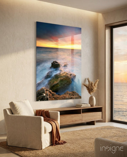 Coastal Rocks Misty Sunset Glass Wall Art