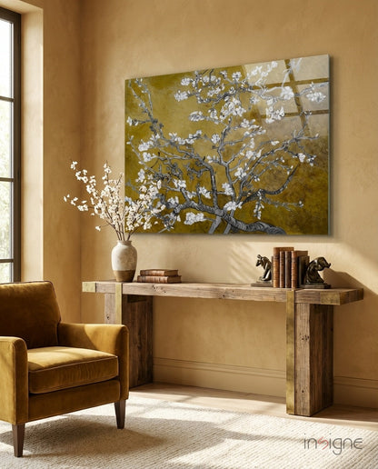 White Blossoms on Olive Gold Glass Wall Art
