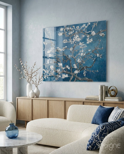 White Blossoms on Deep Blue Glass Wall Art