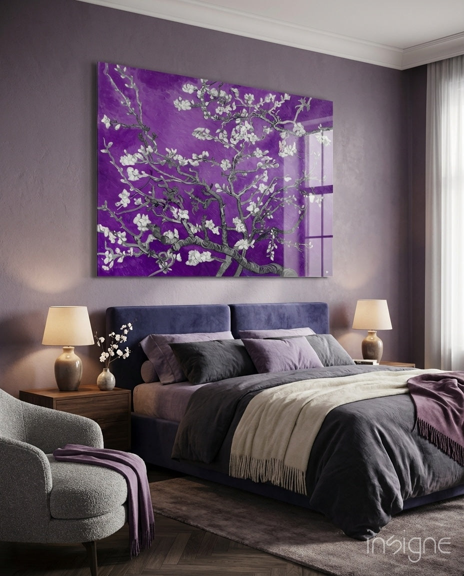 White Blossoms on Vivid Purple Glass Wall Art