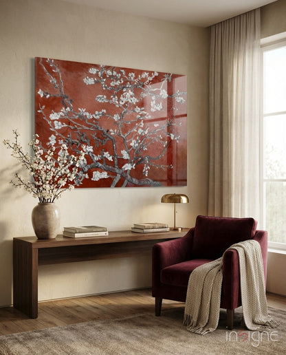 White Blossoms on Terracotta Red Glass Wall Art