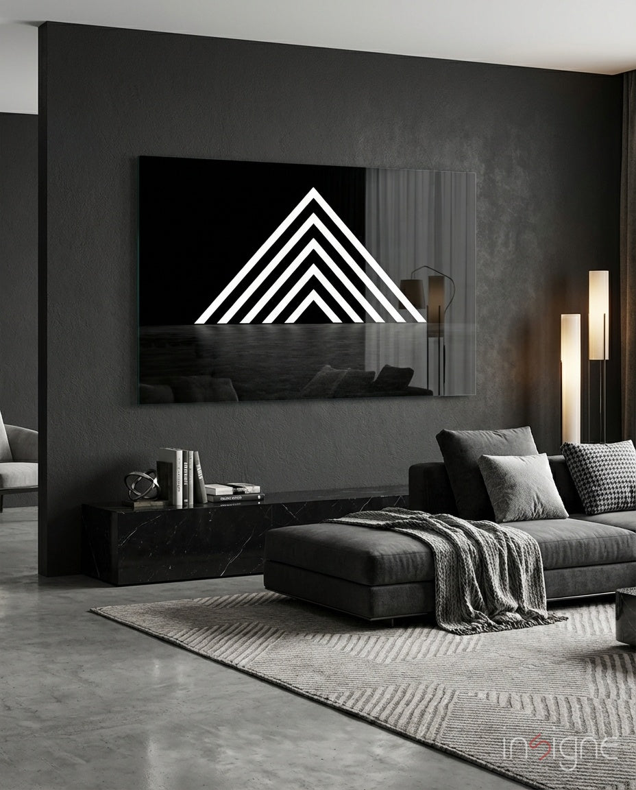 Glowing Chevron Pyramid on Black Glass Wall Art