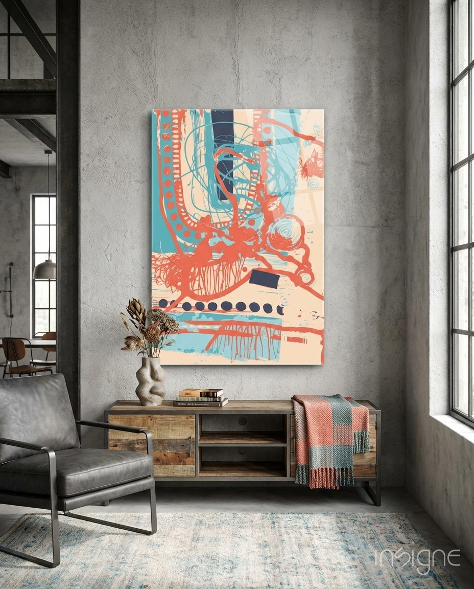 Coral Doodle Lines Glass Wall Art