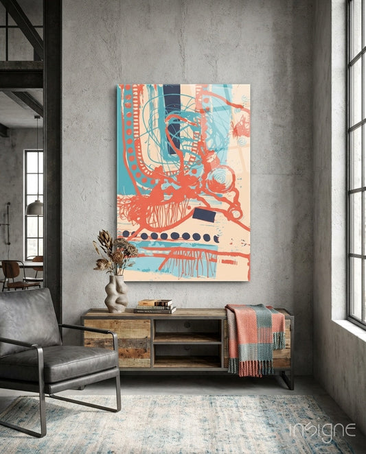 Coral Doodle Lines glass wall art displayed above wooden console table in modern loft interior with concrete walls.