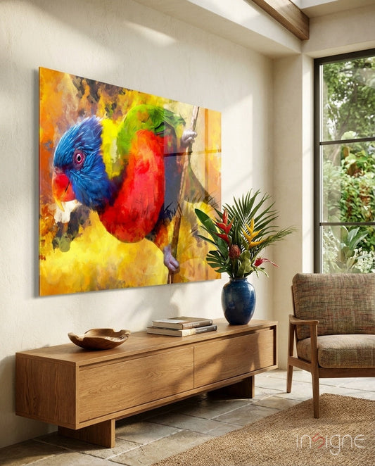 Colorful rainbow lorikeet glass wall art displayed above wooden dresser in modern living room with natural light.