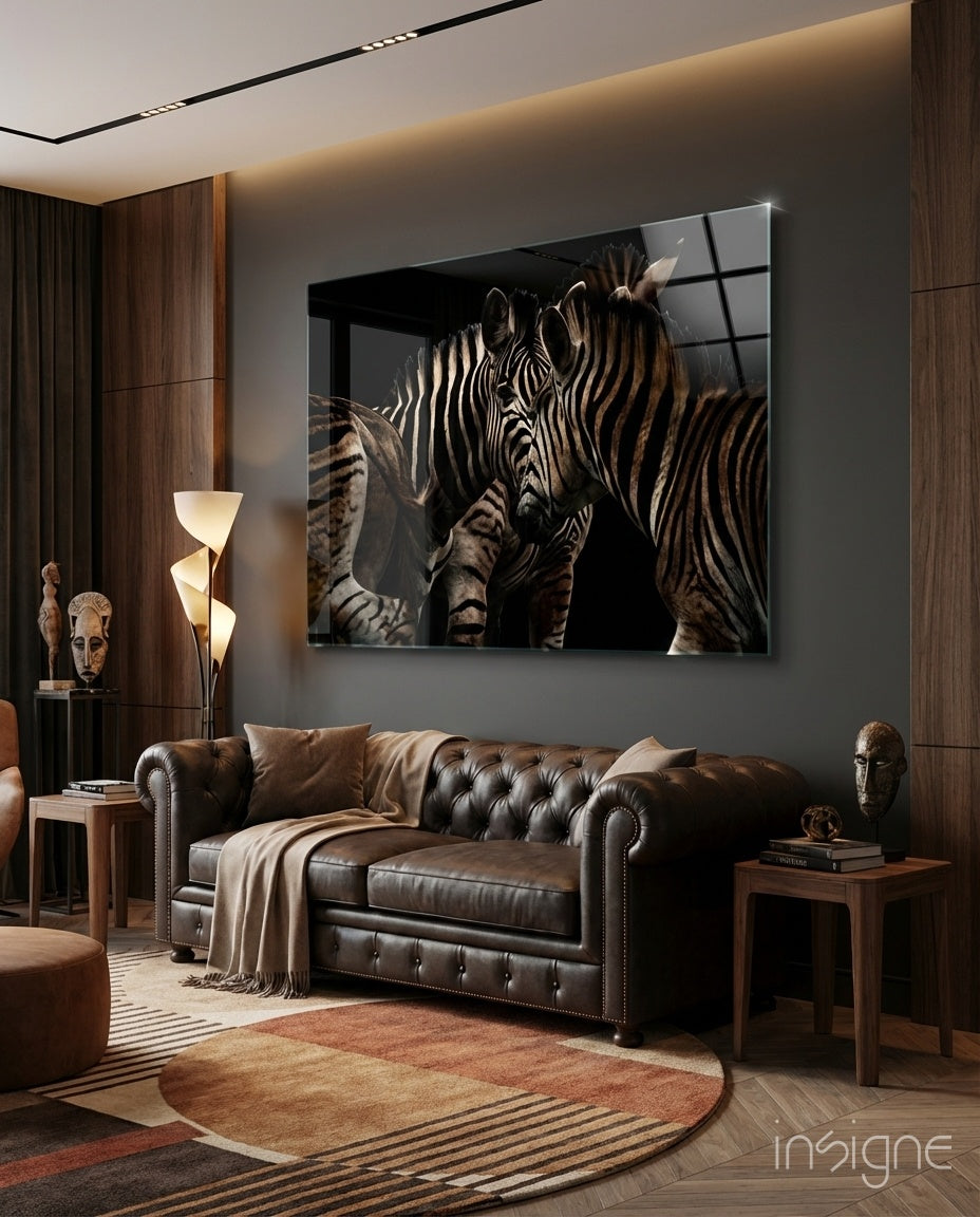 Nuzzling Zebra Pair Glass Wall Art