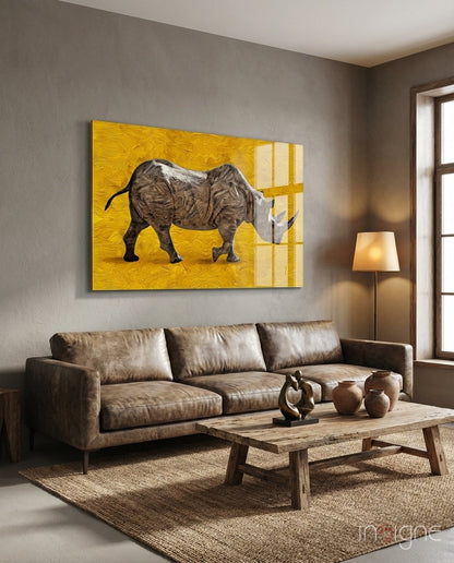 Golden Yellow Rhino Glass Wall Art