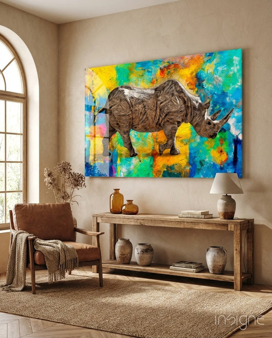 Colorful abstract rhino glass wall art hanging above wooden console table in beige room with leather chair and natural light from arched window.
