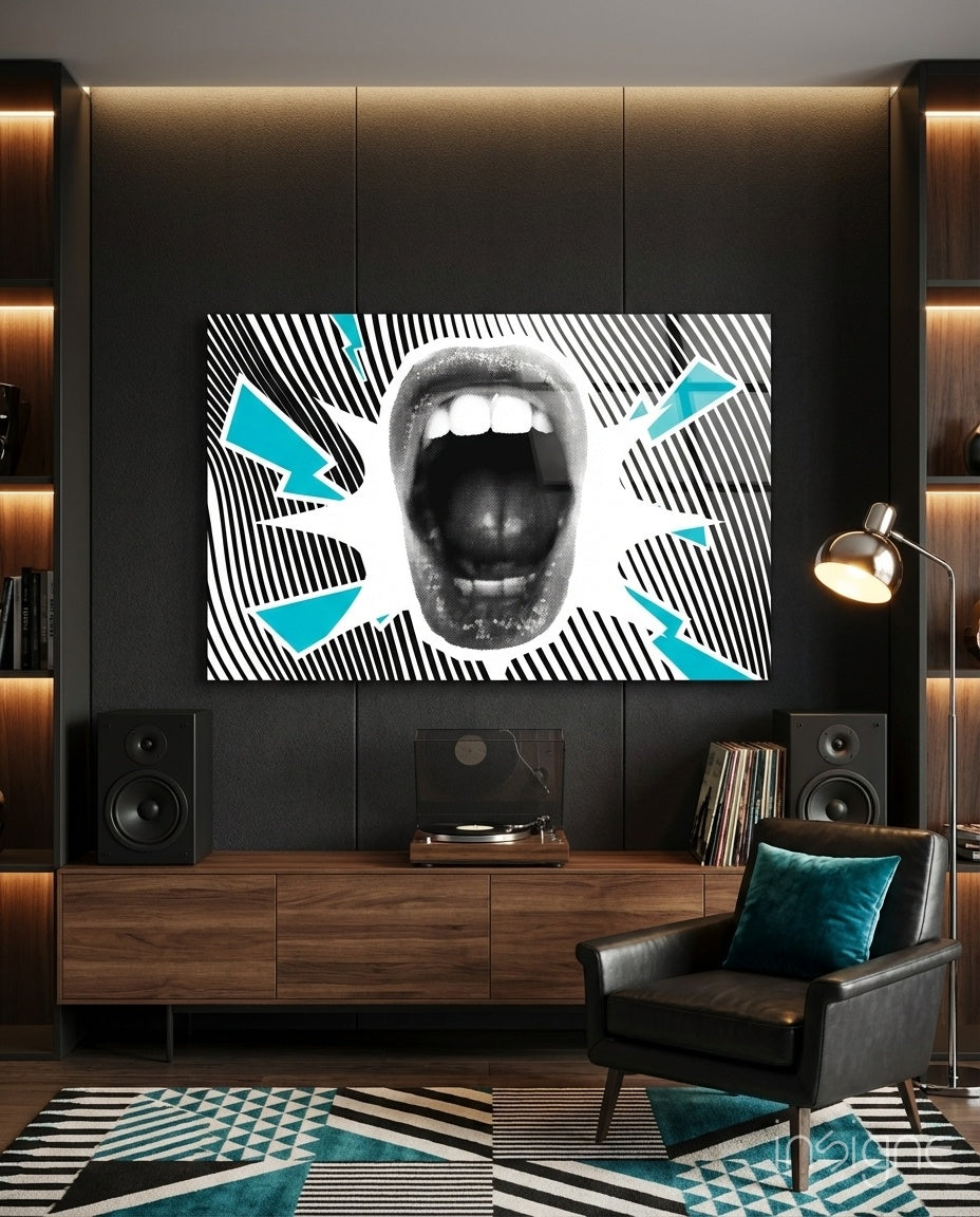 Shouting Mouth Striped Pop Art Glass Wall Art