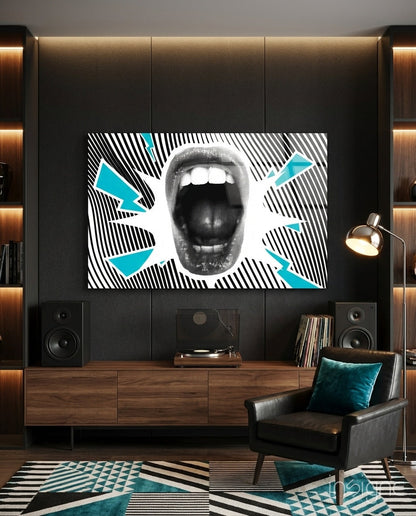 Shouting Mouth Striped Pop Art Glass Wall Art