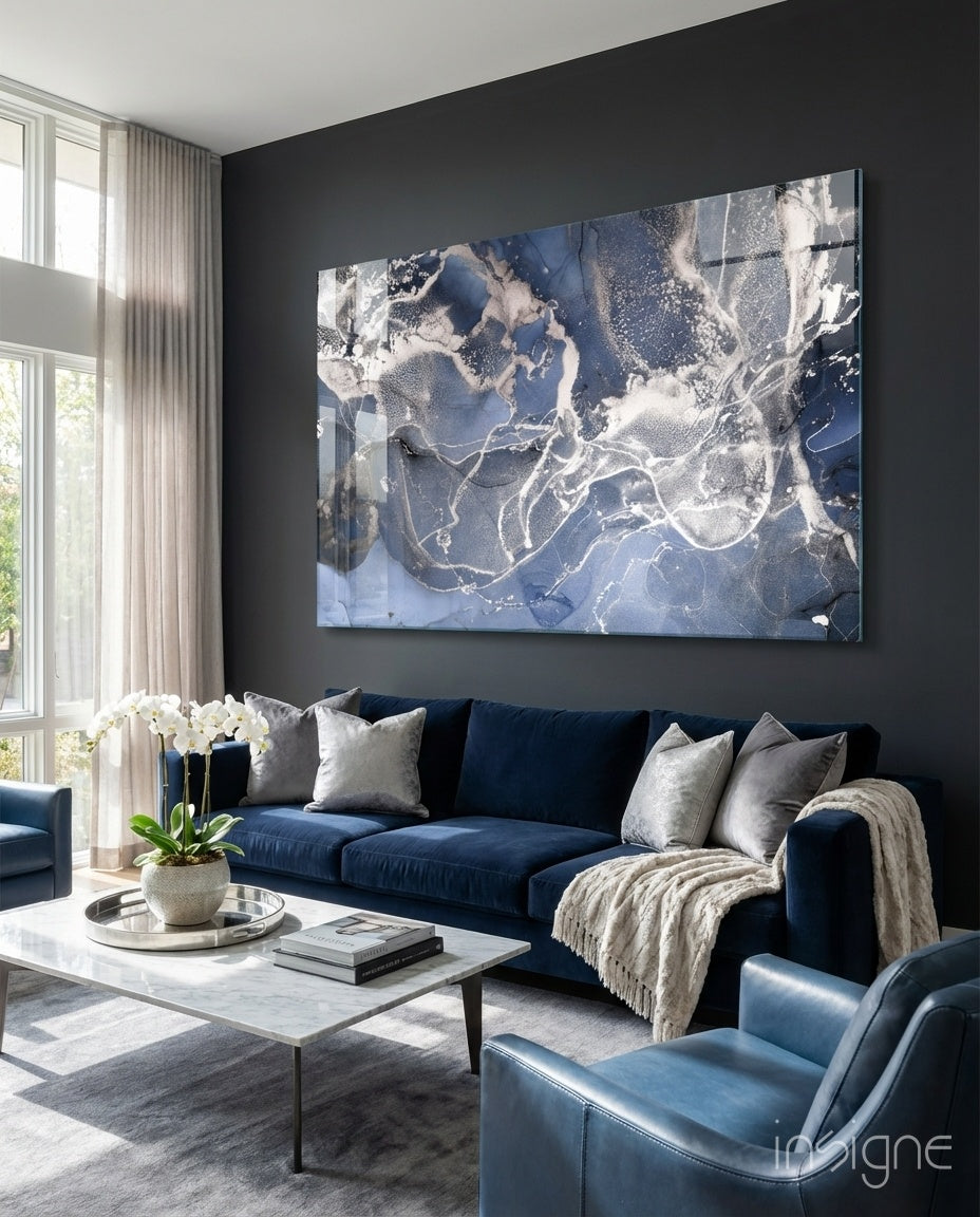 Blue Silver Ink Marble Glass Wall Art