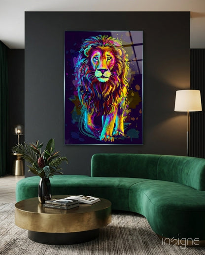 Neon Rainbow Standing Lion Glass Wall Art