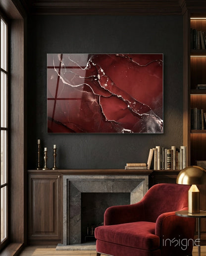 Crimson Red Veined Marble Glass Wall Art