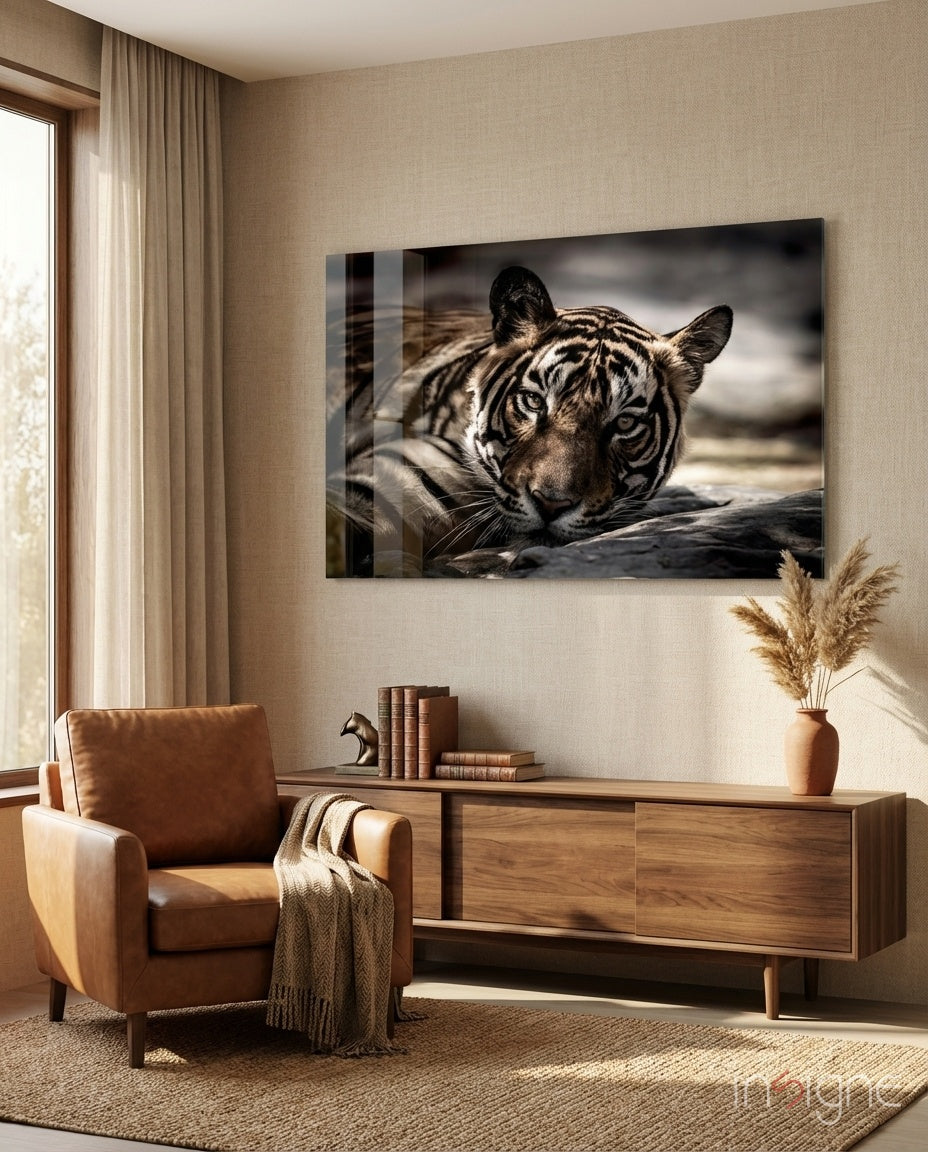 Resting Sepia Tiger Glass Wall Art
