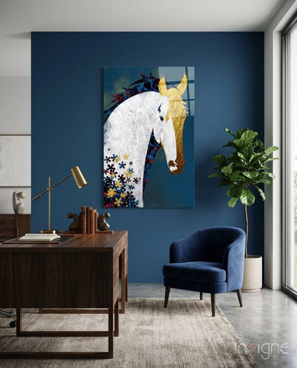 Gold Mane Horse Blue Blooms Glass Wall Art
