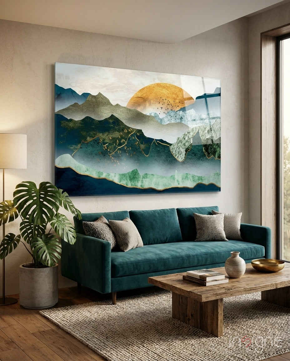 Gold Sun Over Layered Green Mountains Glass Wall Art