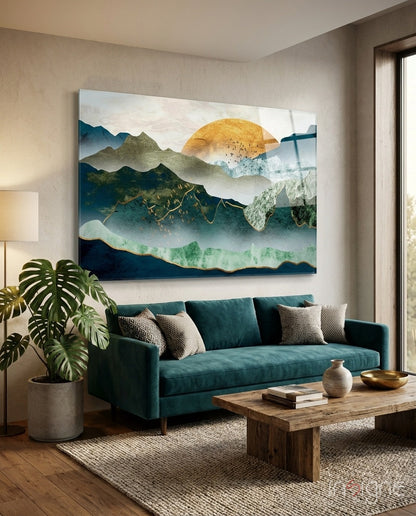 Gold Sun Over Layered Green Mountains Glass Wall Art