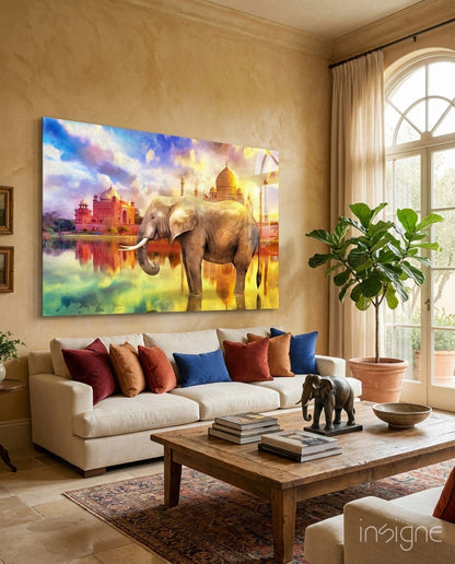 Taj Mahal Sunset Elephant Glass Wall Art