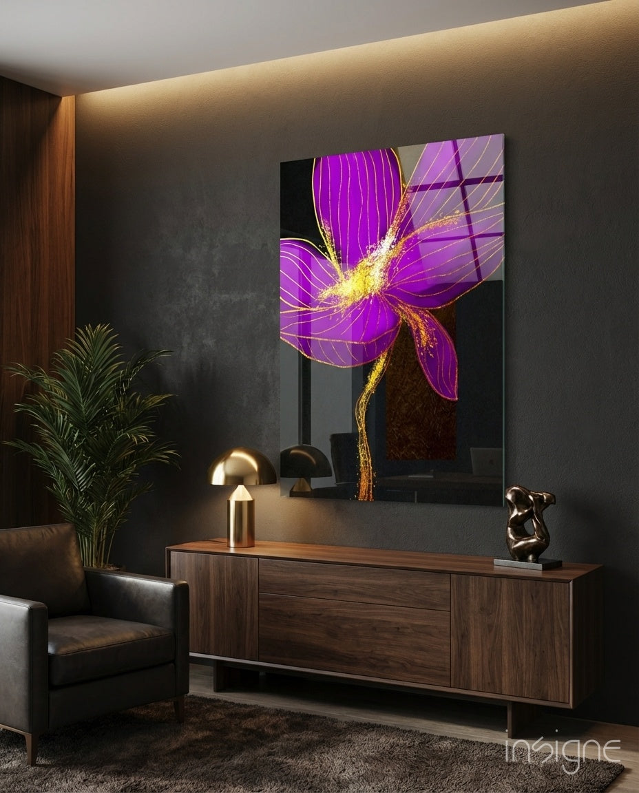 Neon Purple Flower With Gold Splash Glass Wall Art