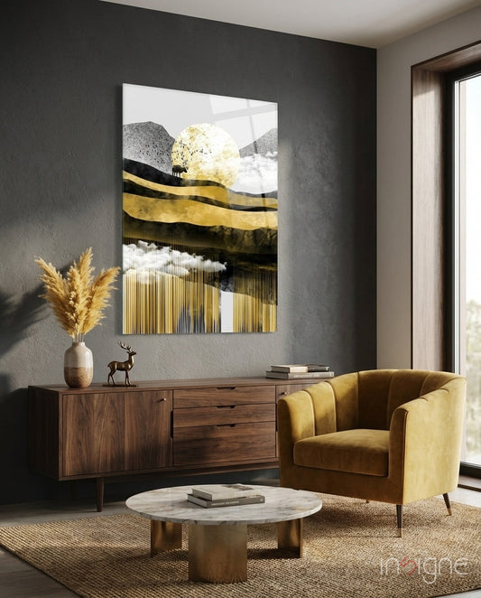 Golden Moon Mountain Landscape glass wall art displayed above wooden sideboard in modern living room with mustard chair and marble table.