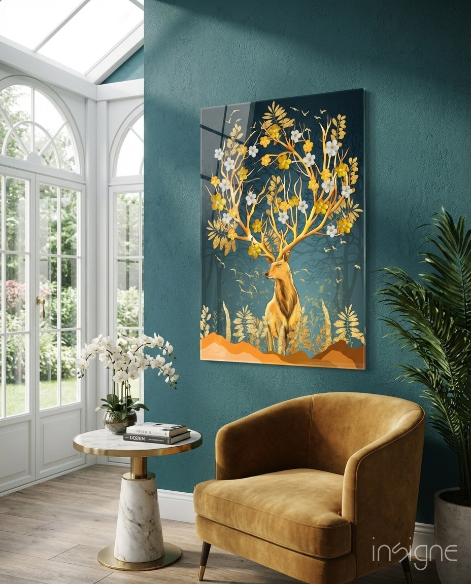 Golden Floral Antler Stag Glass Wall Art