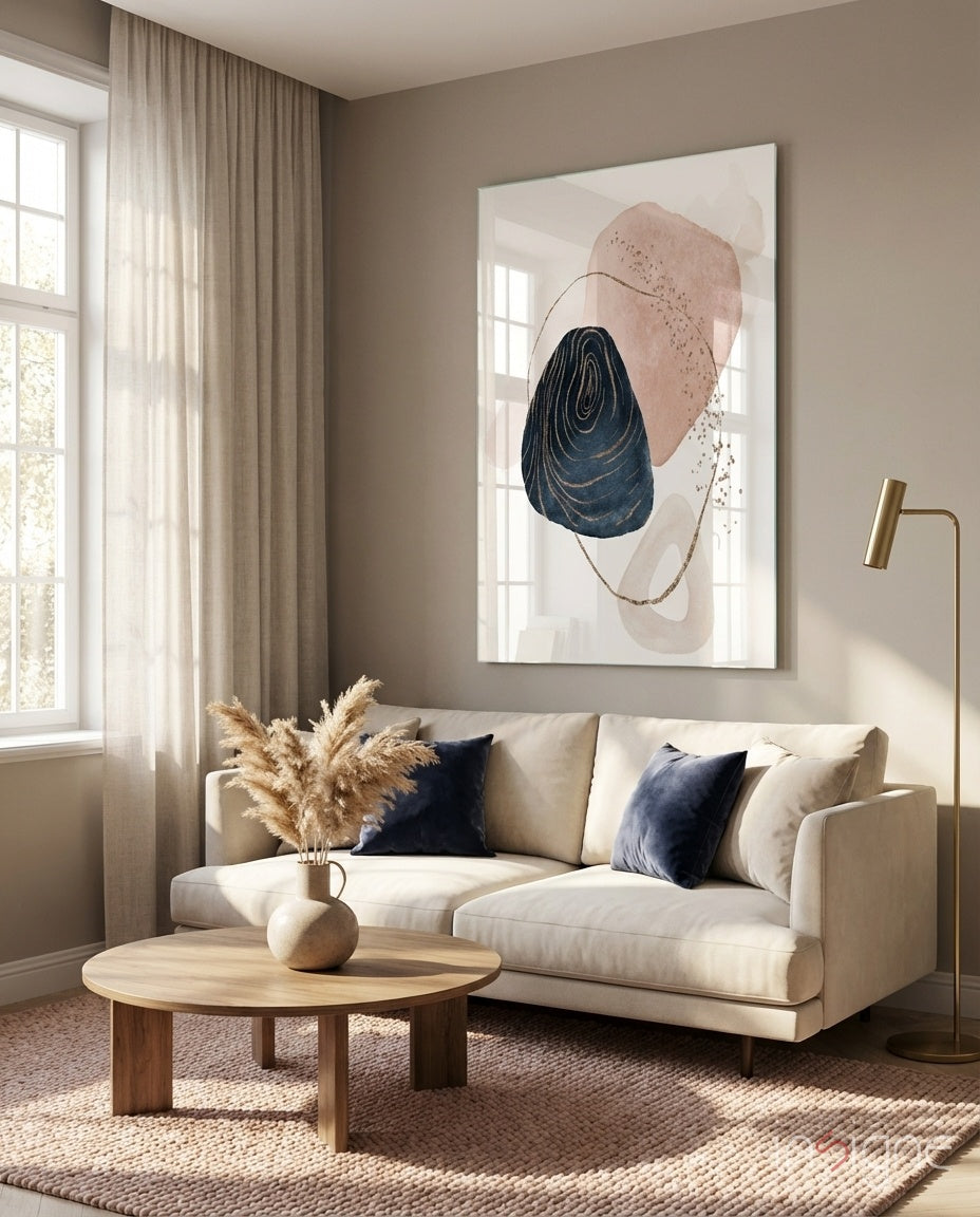 Navy and Blush Abstract Shapes Glass Wall Art