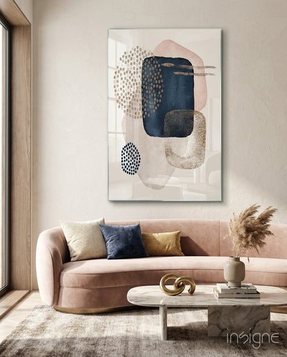 Navy Blush Gold Dotted Circles Glass Wall Art