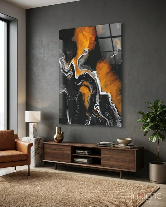 Modern living room with Orange Flame Black Fluid Glass Wall Art displayed above wooden console, featuring orange, black, and white swirling abstract design.