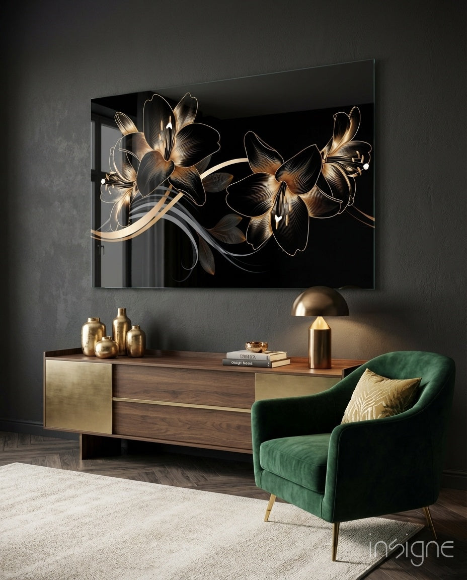 Golden Black Lily Elegance Glass Wall Art